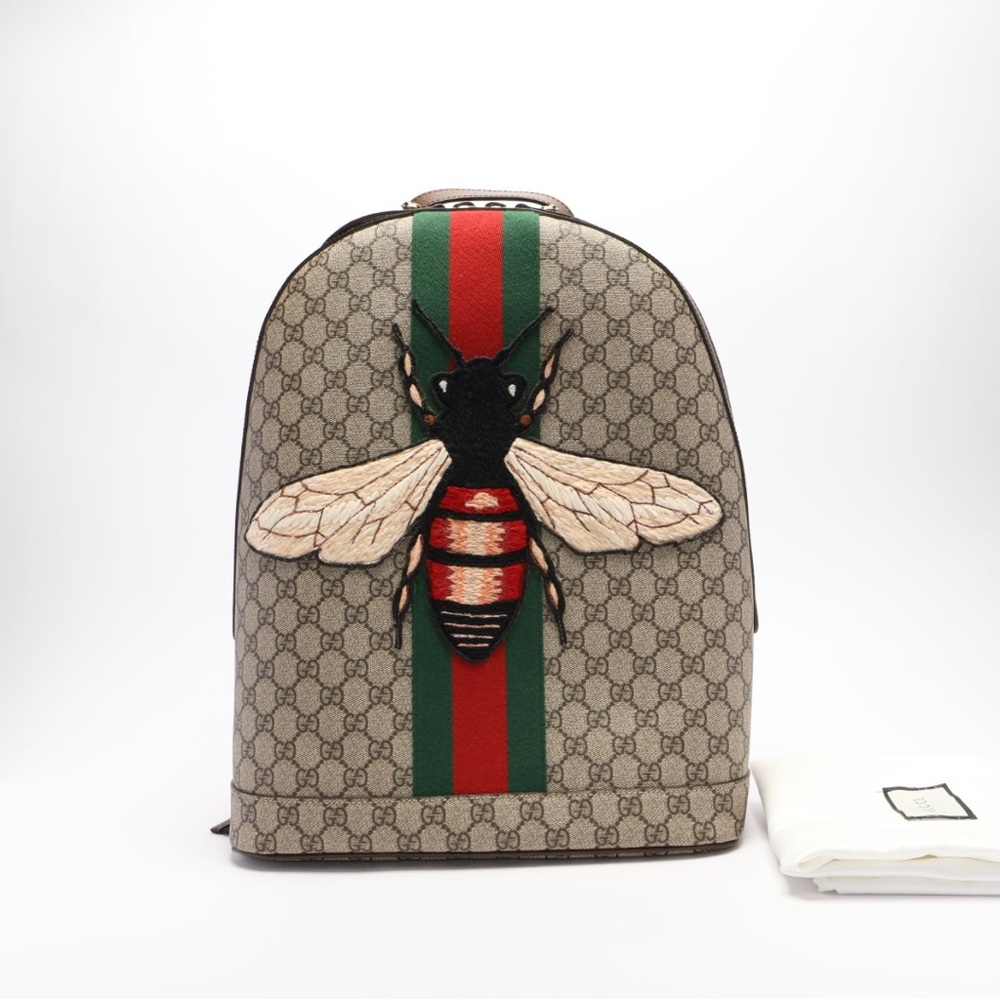 Gucci Bee Web Backpack GG Coated Canvas with Applique Medium